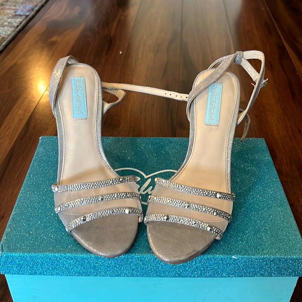 Silver sparkly embellished Betsy Johnson heels with blue bottom!